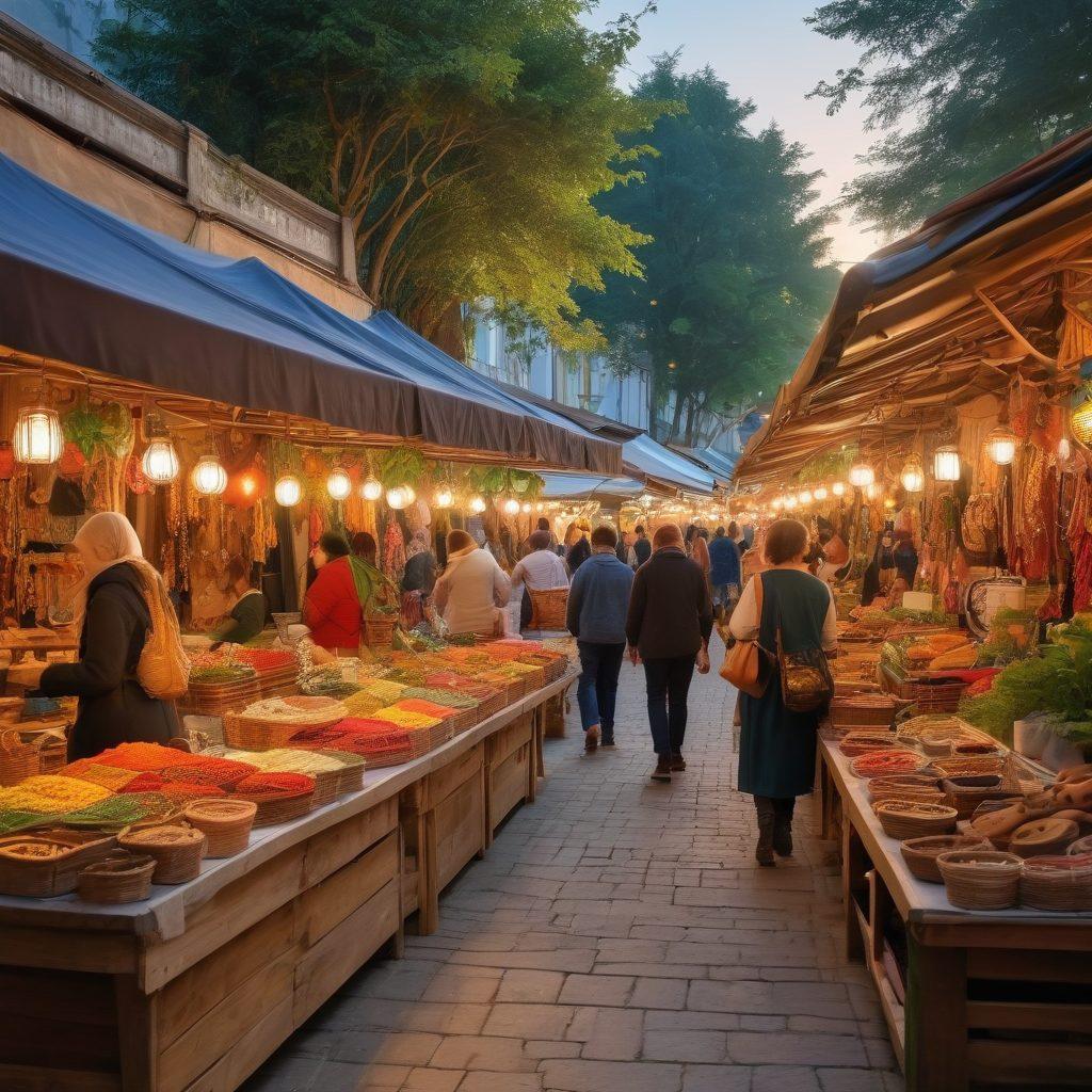 A whimsical market scene bustling with vibrant stalls displaying artisan souvenirs and exquisite novelties, including handcrafted jewelry, colorful textiles, and unique trinkets. A warm sunset casts a golden glow over the lively atmosphere, creating a sense of nostalgia and adventure. In the foreground, a curious traveler examines a beautifully crafted item while local artisans engage with visitors. The background features lush greenery and blurred market-goers to convey a sense of community and exploration. super-realistic. vibrant colors. ambient lighting.