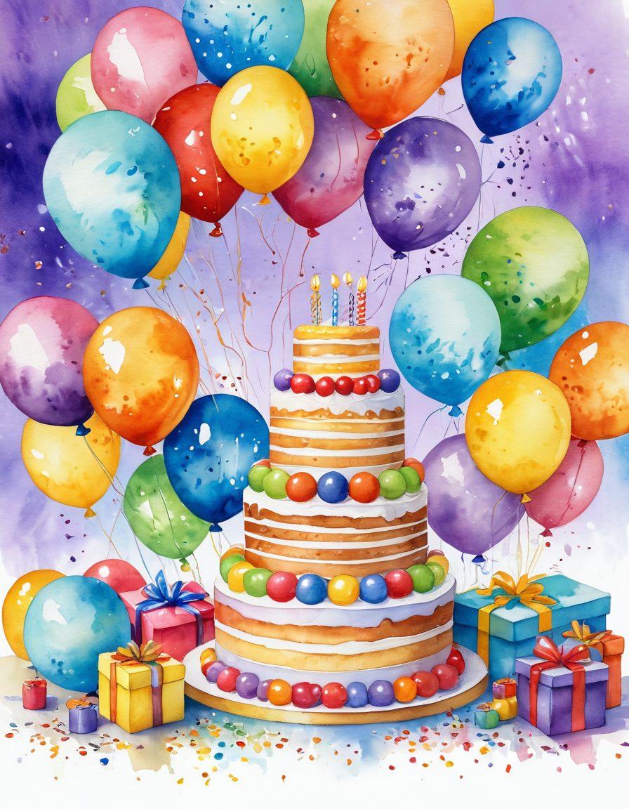 A whimsical scene showcasing a collection of vibrant gifts and cheerful mementos, including colorful gift boxes, a joyful birthday cake, balloons, and a sparkling confetti backdrop. The setting should feel festive and uplifting, embodying celebration and happiness. Bright, playful colors should dominate the palette, inviting a sense of joy and warmth. Watercolor style. vibrant colors. cheerful atmosphere.