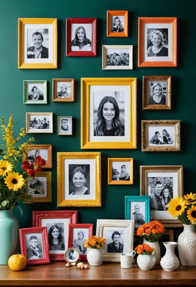 A beautifully arranged display of colorful keepsakes and mementos, including photo frames, handmade trinkets, and cheerful souvenirs, all set against a bright, inviting background. Add elements like smiling families and friends joyfully exchanging these items, showcasing the essence of happy memories. Incorporate a sunny atmosphere with vibrant flowers and soft, warm lighting. super-realistic. vibrant colors. cheerful ambiance.